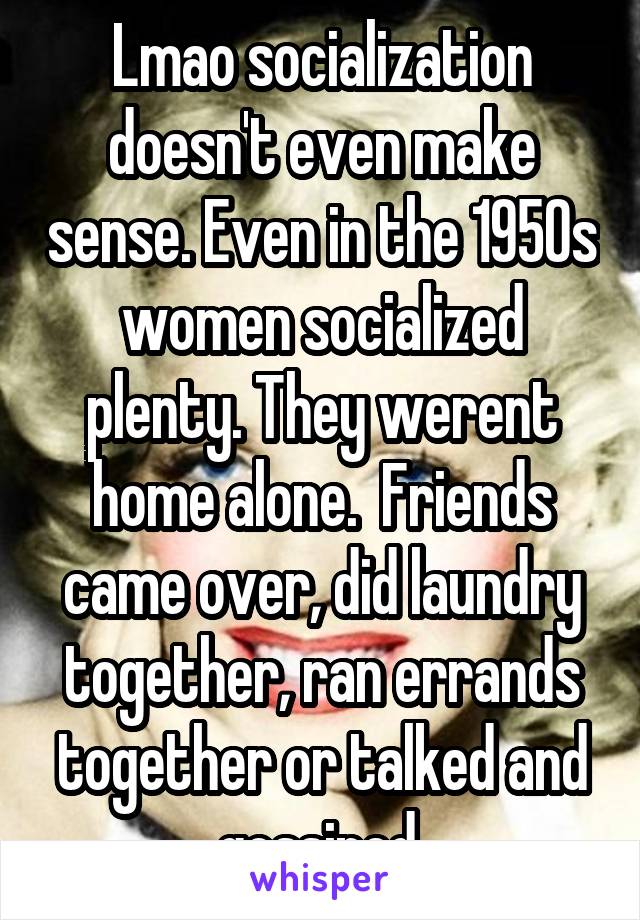 Lmao socialization doesn't even make sense. Even in the 1950s women socialized plenty. They werent home alone.  Friends came over, did laundry together, ran errands together or talked and gossiped.