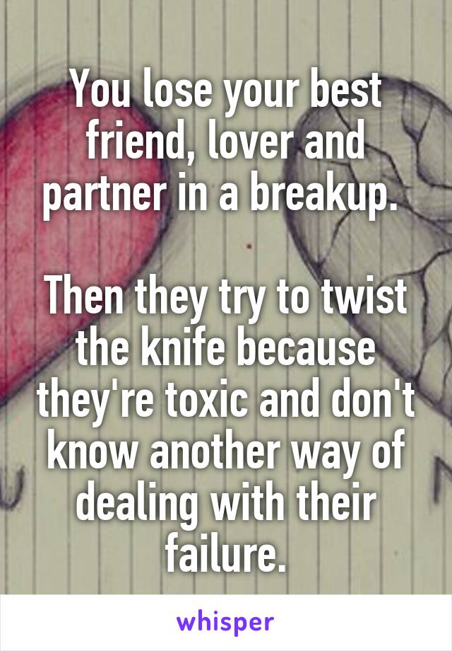 You lose your best friend, lover and partner in a breakup. 

Then they try to twist the knife because they're toxic and don't know another way of dealing with their failure.