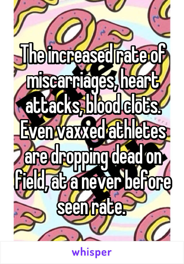 The increased rate of miscarriages, heart attacks, blood clots. Even vaxxed athletes are dropping dead on field, at a never before seen rate. 