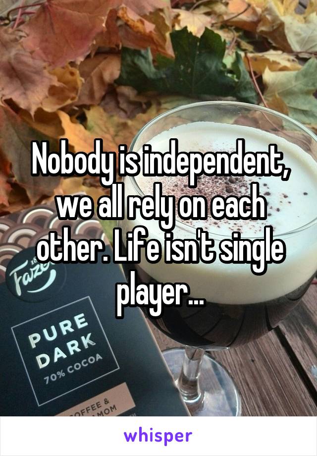 Nobody is independent, we all rely on each other. Life isn't single player...