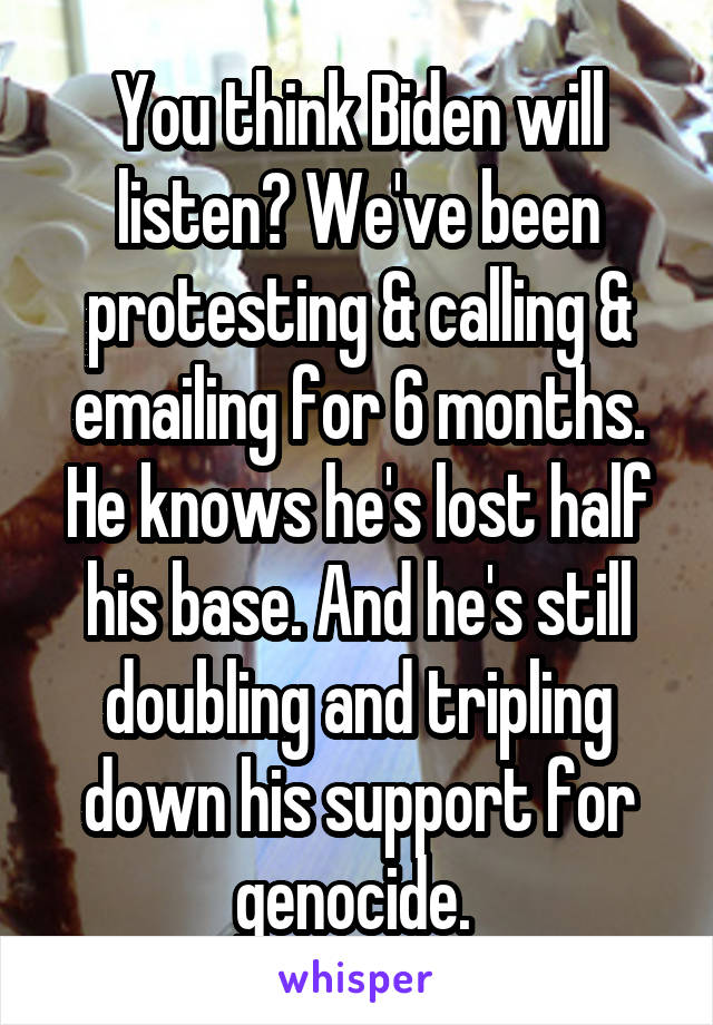 You think Biden will listen? We've been protesting & calling & emailing for 6 months. He knows he's lost half his base. And he's still doubling and tripling down his support for genocide. 