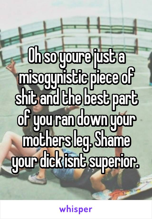 Oh so youre just a misogynistic piece of shit and the best part of you ran down your mothers leg. Shame your dick isnt superior. 