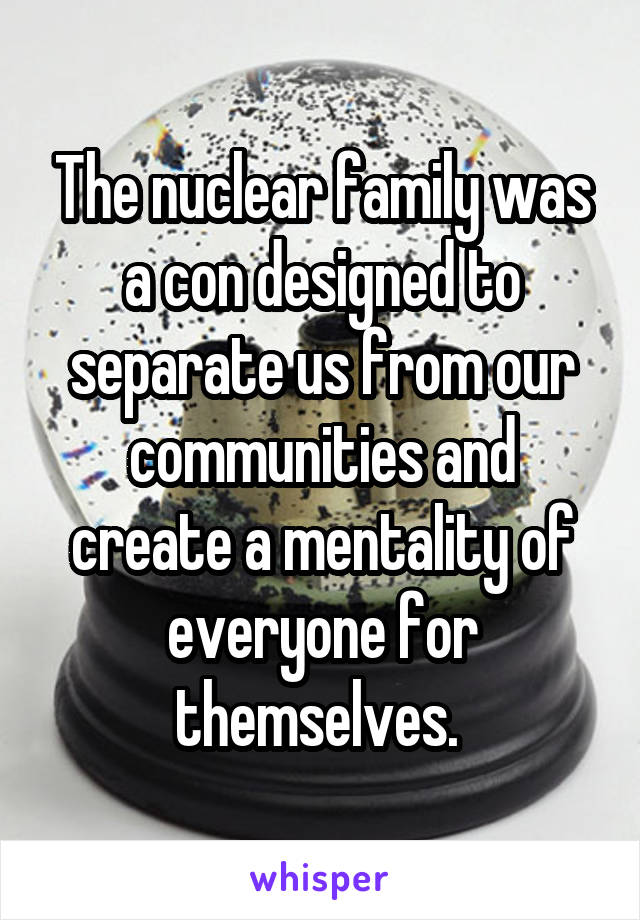 The nuclear family was a con designed to separate us from our communities and create a mentality of everyone for themselves. 