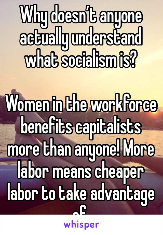 Why doesn’t anyone actually understand what socialism is?

Women in the workforce benefits capitalists more than anyone! More labor means cheaper labor to take advantage of.