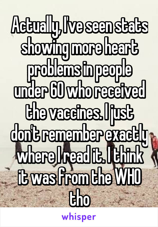 Actually, I've seen stats showing more heart problems in people under 60 who received the vaccines. I just don't remember exactly where I read it. I think it was from the WHO tho