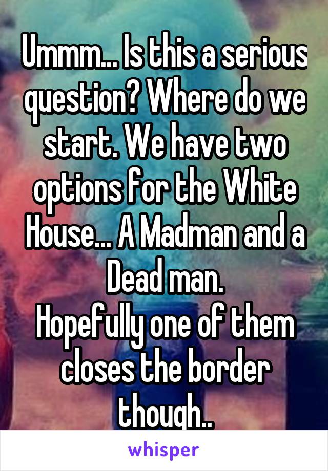 Ummm... Is this a serious question? Where do we start. We have two options for the White House... A Madman and a Dead man.
Hopefully one of them closes the border though..