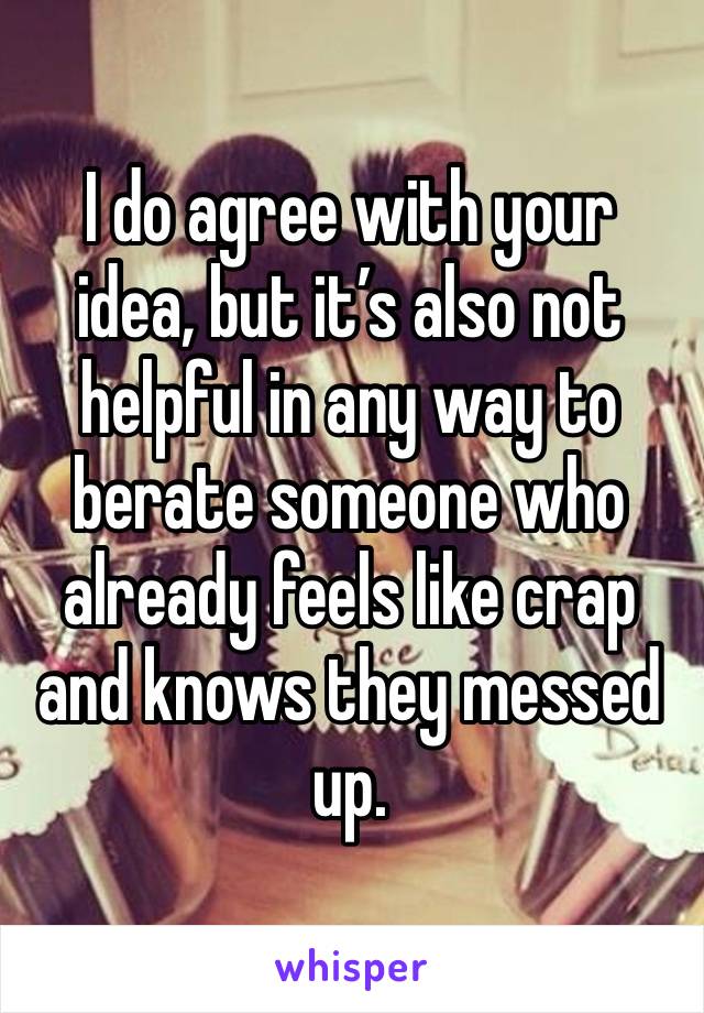 I do agree with your idea, but it’s also not helpful in any way to berate someone who already feels like crap and knows they messed up. 