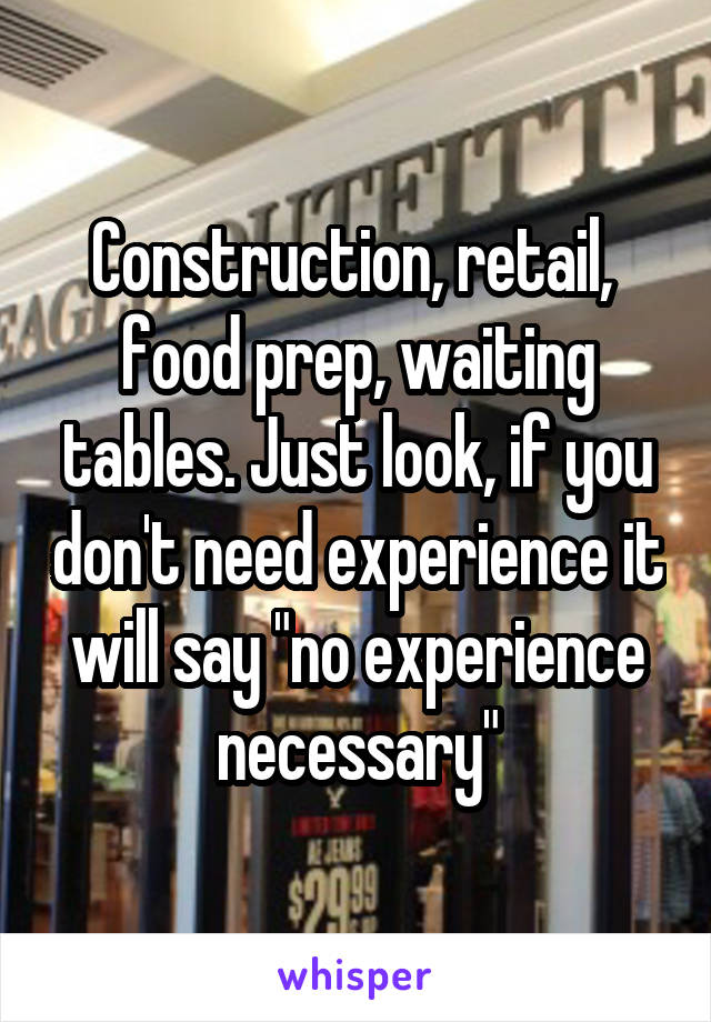 Construction, retail,  food prep, waiting tables. Just look, if you don't need experience it will say "no experience necessary"