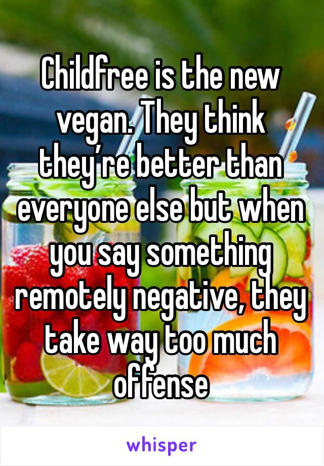 Childfree is the new vegan. They think they’re better than everyone else but when you say something remotely negative, they take way too much offense