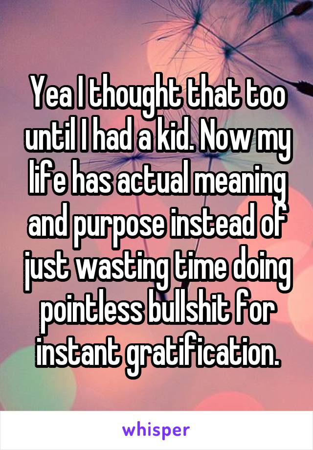 Yea I thought that too until I had a kid. Now my life has actual meaning and purpose instead of just wasting time doing pointless bullshit for instant gratification.