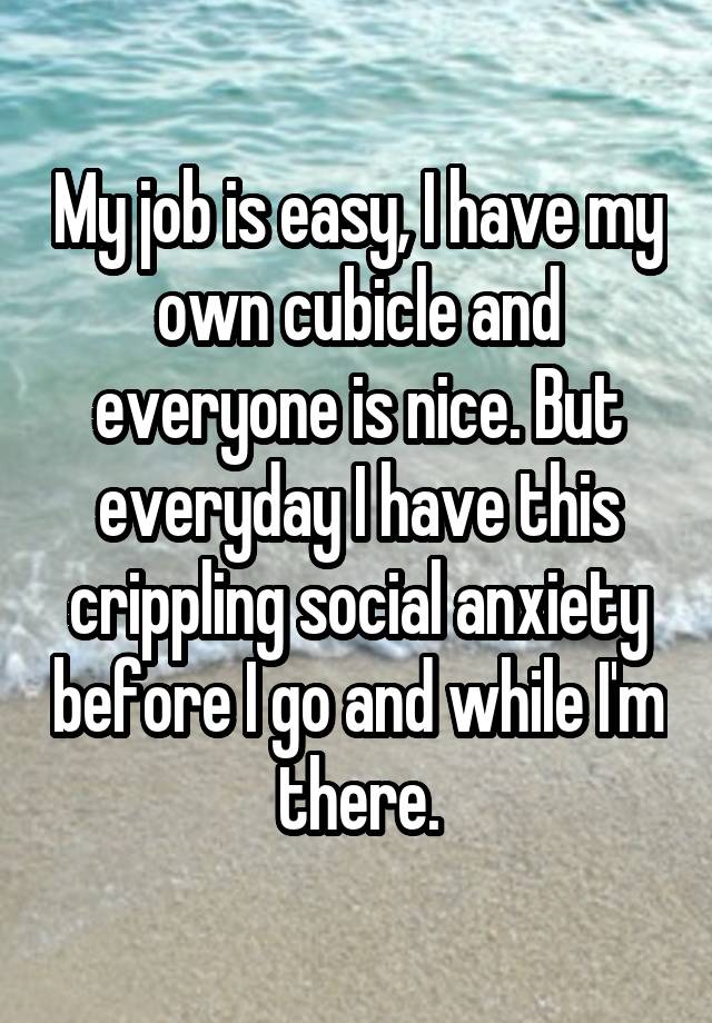 My job is easy, I have my own cubicle and everyone is nice. But everyday I have this crippling social anxiety before I go and while I'm there.