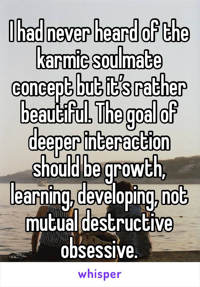 I had never heard of the karmic soulmate concept but it’s rather beautiful. The goal of deeper interaction should be growth, learning, developing, not mutual destructive obsessive.