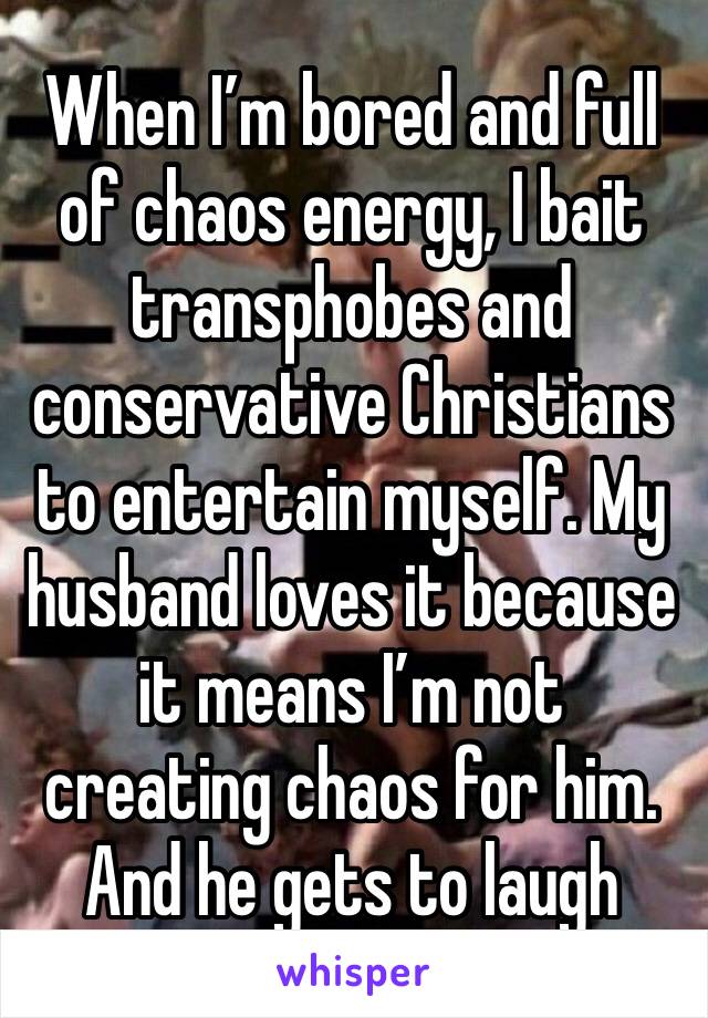 When I’m bored and full of chaos energy, I bait transphobes and conservative Christians to entertain myself. My husband loves it because it means I’m not creating chaos for him. And he gets to laugh