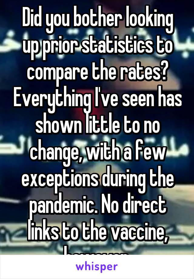 Did you bother looking up prior statistics to compare the rates? Everything I've seen has shown little to no change, with a few exceptions during the pandemic. No direct links to the vaccine, however.