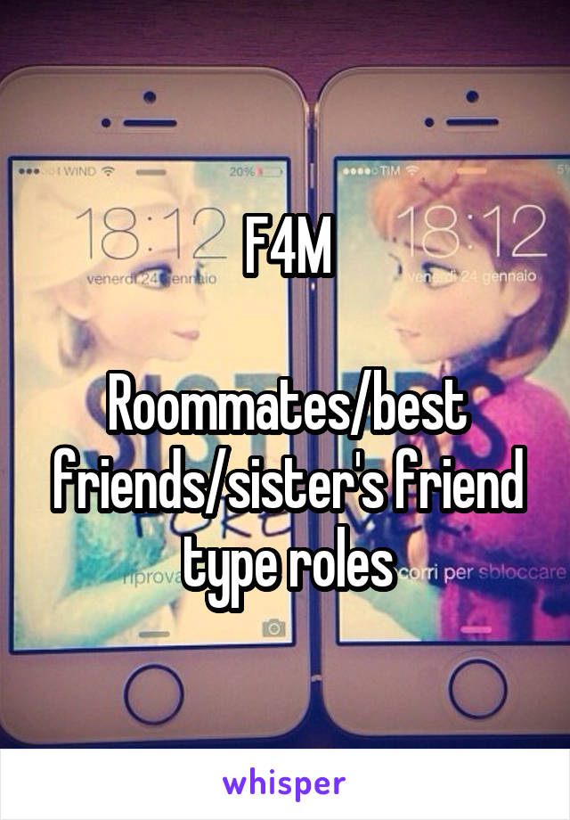 F4M

Roommates/best friends/sister's friend type roles