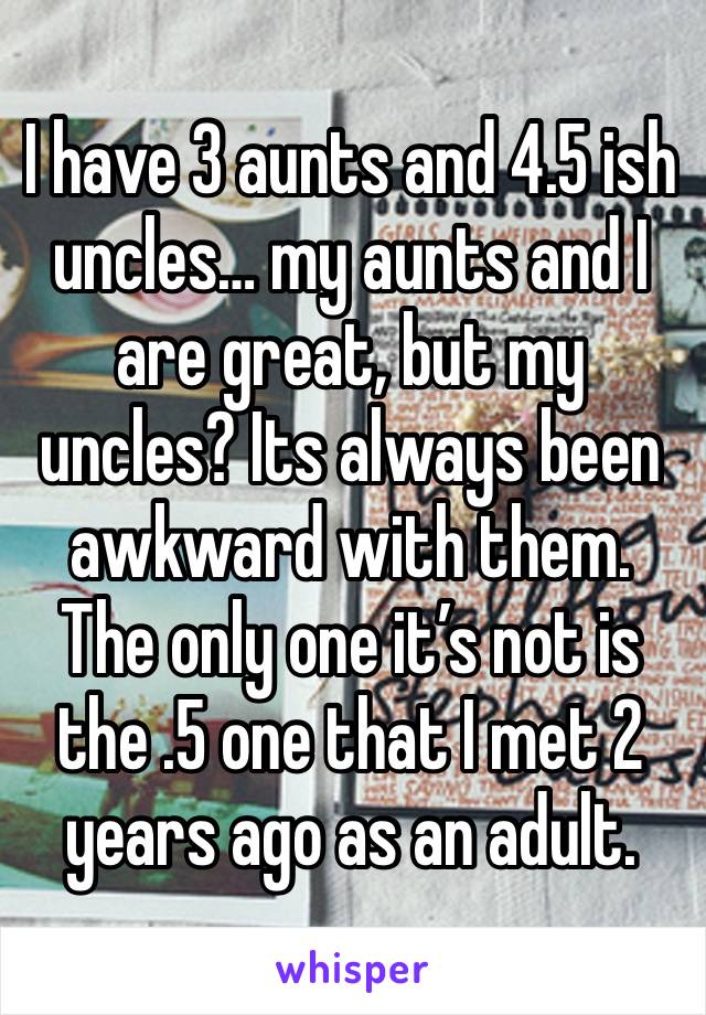 I have 3 aunts and 4.5 ish uncles… my aunts and I are great, but my uncles? Its always been awkward with them. The only one it’s not is the .5 one that I met 2 years ago as an adult.