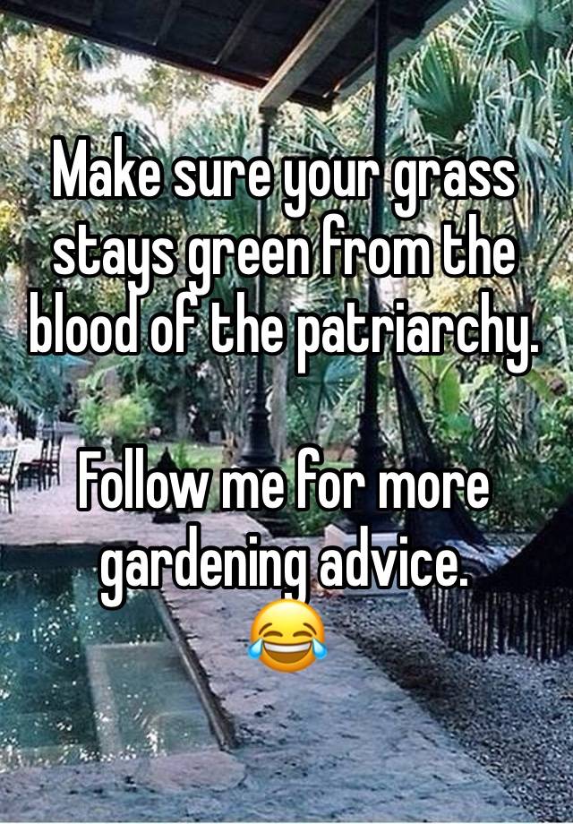 Make sure your grass stays green from the blood of the patriarchy.

Follow me for more gardening advice.
😂