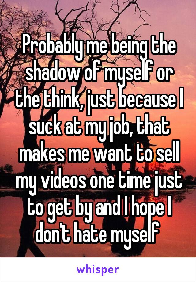 Probably me being the shadow of myself or the think, just because I suck at my job, that makes me want to sell my videos one time just to get by and I hope I don't hate myself 