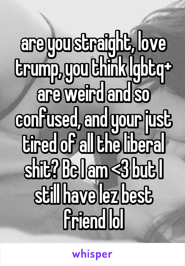 are you straight, love trump, you think lgbtq+ are weird and so confused, and your just tired of all the liberal shit? Bc I am <3 but I still have lez best friend lol