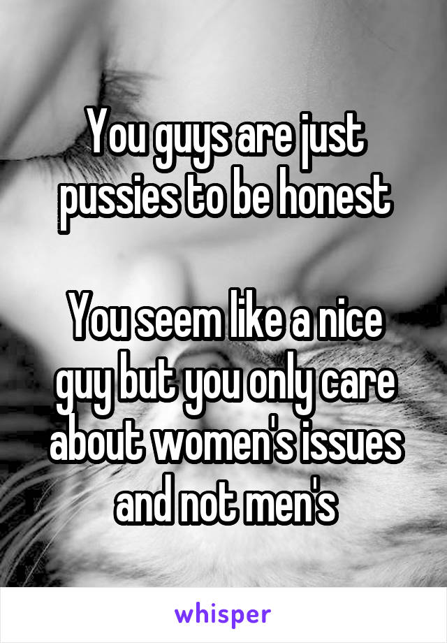 You guys are just pussies to be honest

You seem like a nice guy but you only care about women's issues and not men's