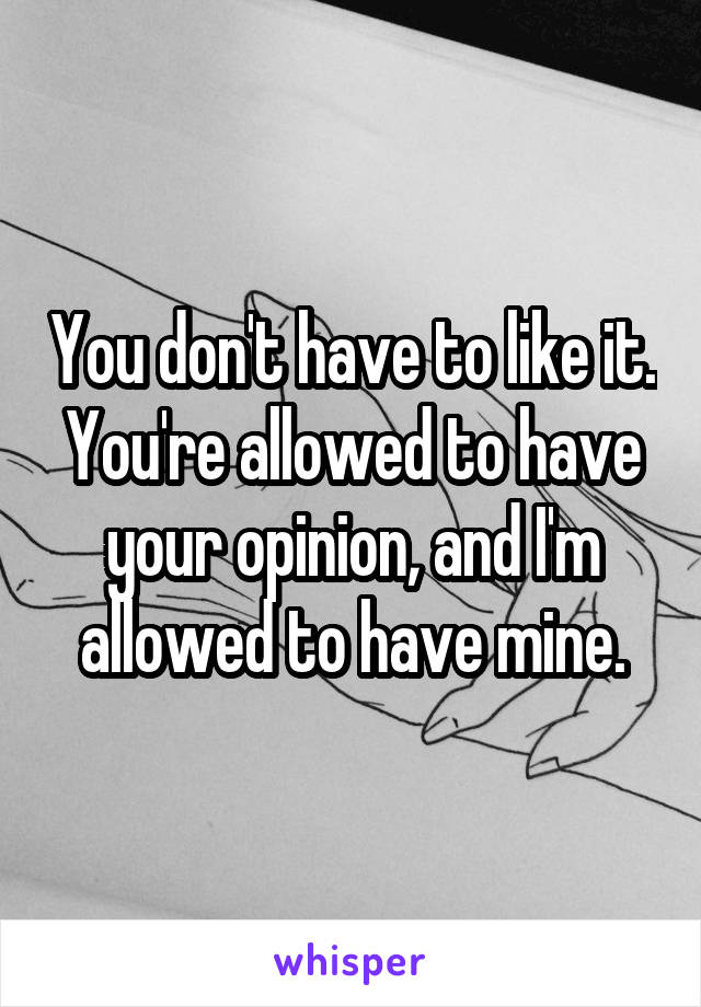 You don't have to like it. You're allowed to have your opinion, and I'm allowed to have mine.