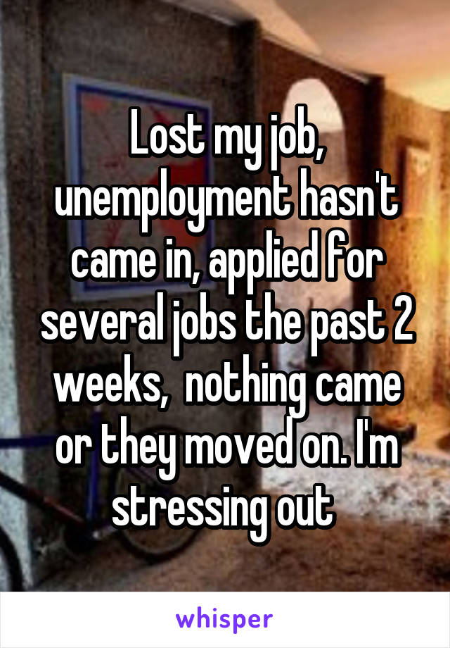 Lost my job, unemployment hasn't came in, applied for several jobs the past 2 weeks,  nothing came or they moved on. I'm stressing out 