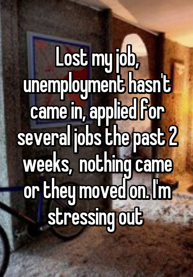 Lost my job, unemployment hasn't came in, applied for several jobs the past 2 weeks,  nothing came or they moved on. I'm stressing out 