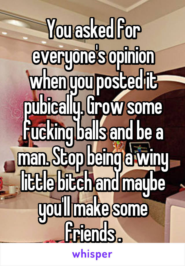 You asked for everyone's opinion when you posted it pubically. Grow some fucking balls and be a man. Stop being a winy little bitch and maybe you'll make some friends .