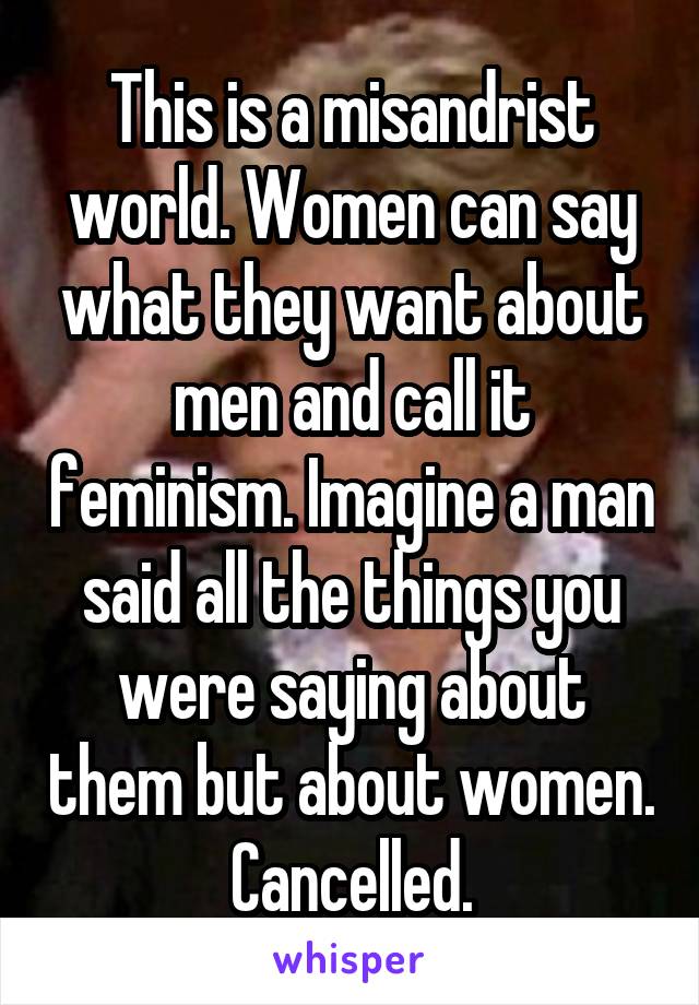 This is a misandrist world. Women can say what they want about men and call it feminism. Imagine a man said all the things you were saying about them but about women. Cancelled.