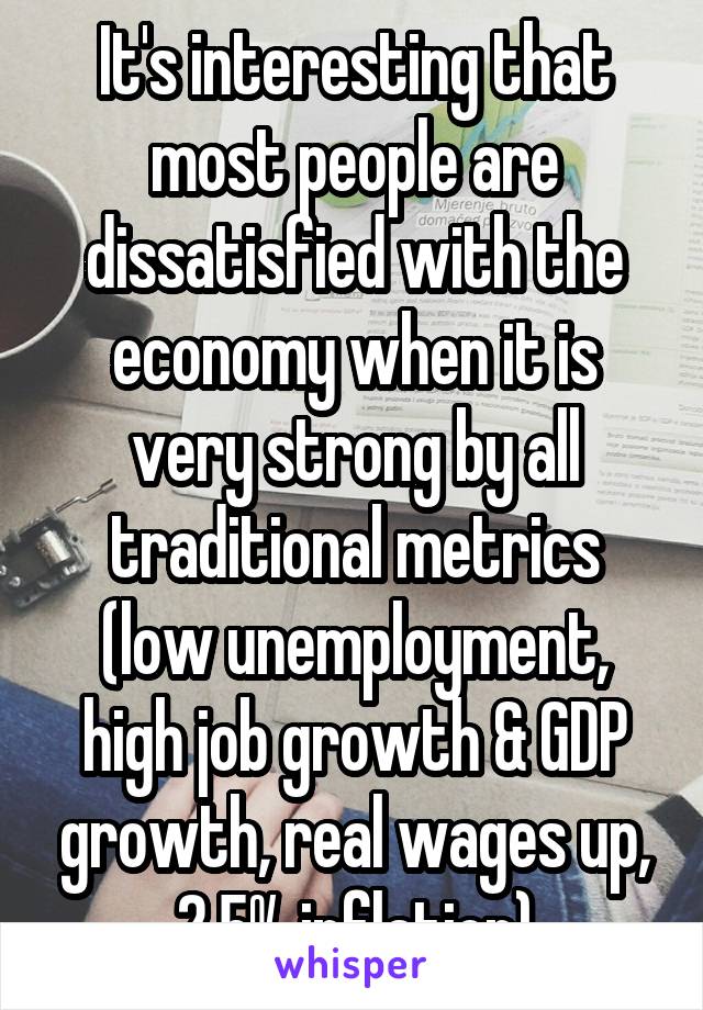 It's interesting that most people are dissatisfied with the economy when it is very strong by all traditional metrics (low unemployment, high job growth & GDP growth, real wages up, 2.5% inflation)