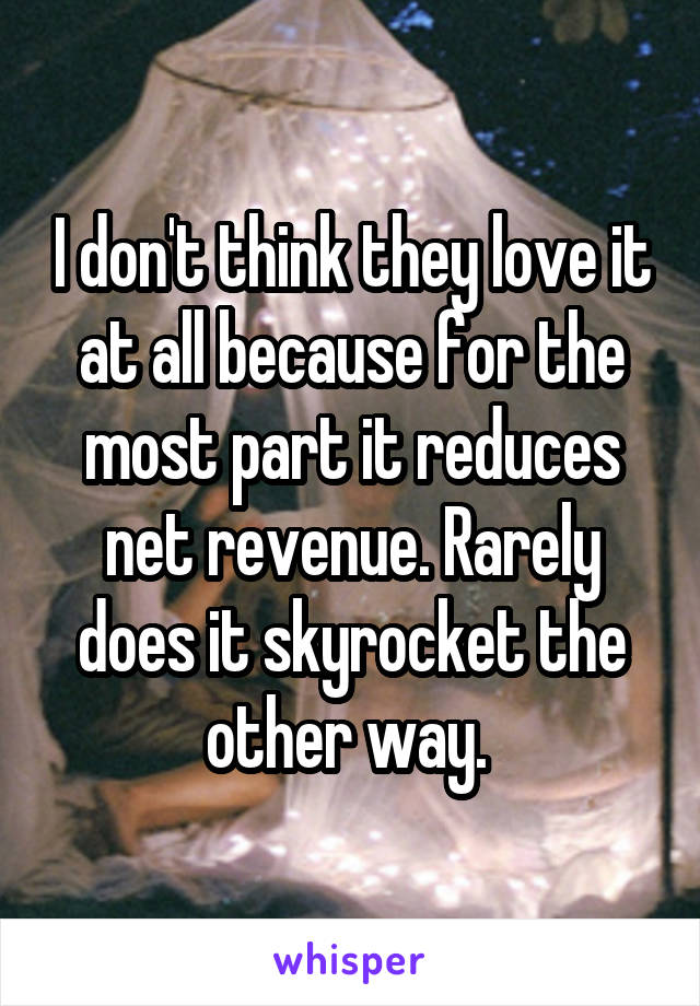 I don't think they love it at all because for the most part it reduces net revenue. Rarely does it skyrocket the other way. 