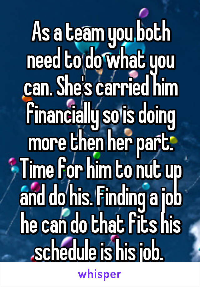 As a team you both need to do what you can. She's carried him financially so is doing more then her part. Time for him to nut up and do his. Finding a job he can do that fits his schedule is his job. 