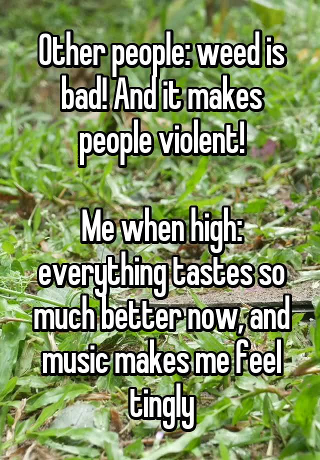 Other people: weed is bad! And it makes people violent!

Me when high: everything tastes so much better now, and music makes me feel tingly