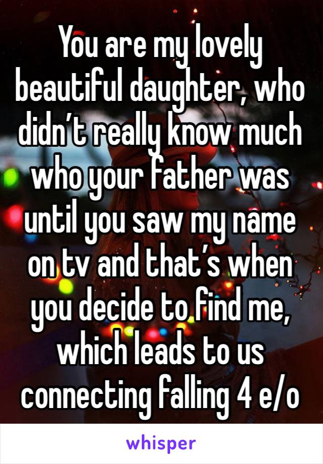 You are my lovely beautiful daughter, who didn’t really know much who your father was until you saw my name on tv and that’s when you decide to find me, which leads to us connecting falling 4 e/o