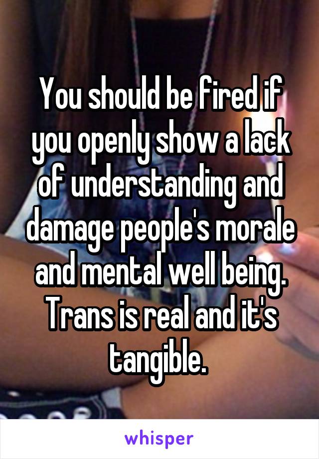 You should be fired if you openly show a lack of understanding and damage people's morale and mental well being. Trans is real and it's tangible. 