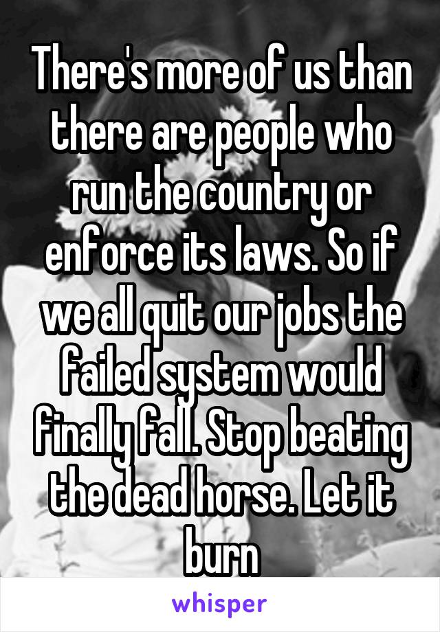 There's more of us than there are people who run the country or enforce its laws. So if we all quit our jobs the failed system would finally fall. Stop beating the dead horse. Let it burn