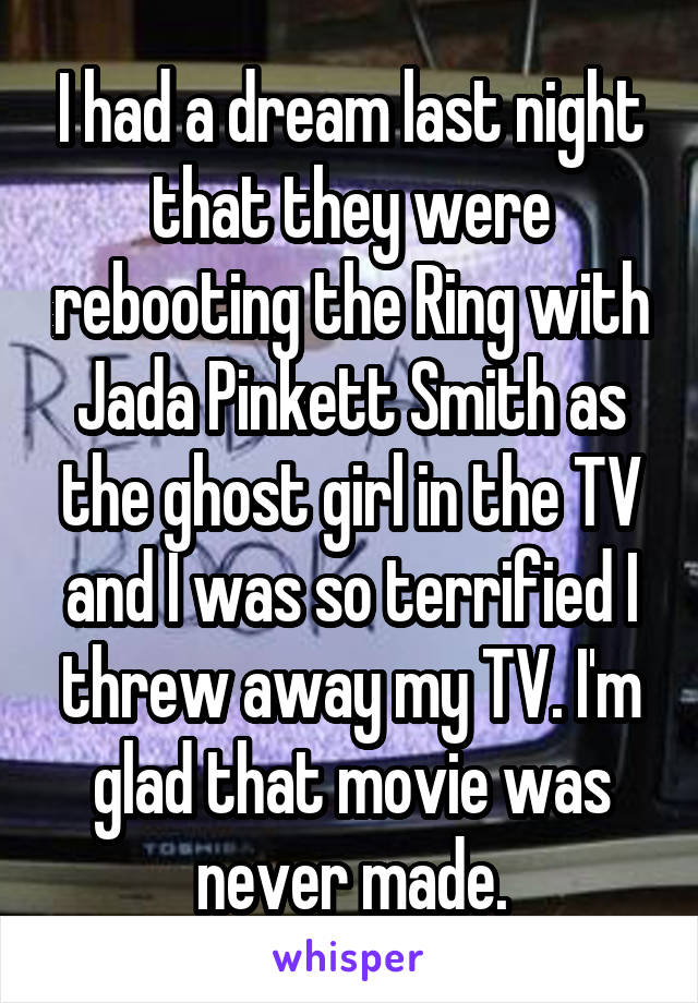 I had a dream last night that they were rebooting the Ring with Jada Pinkett Smith as the ghost girl in the TV and I was so terrified I threw away my TV. I'm glad that movie was never made.