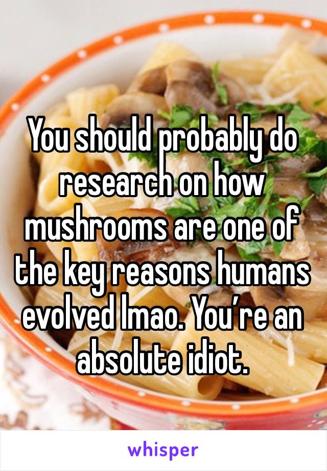 You should probably do research on how mushrooms are one of the key reasons humans evolved lmao. You’re an absolute idiot. 