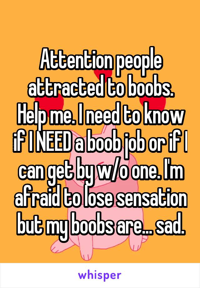 Attention people attracted to boobs. Help me. I need to know if I NEED a boob job or if I can get by w/o one. I'm afraid to lose sensation but my boobs are... sad.