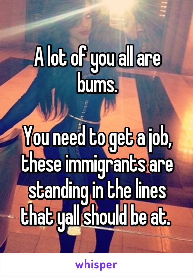 A lot of you all are bums.

You need to get a job, these immigrants are standing in the lines that yall should be at. 