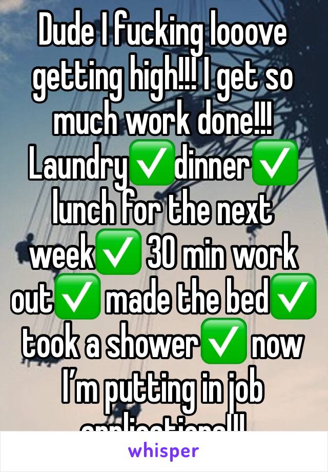 Dude I fucking looove getting high!!! I get so much work done!!! Laundry✅dinner✅ lunch for the next week✅ 30 min work out✅ made the bed✅ took a shower✅ now I’m putting in job applications!!!