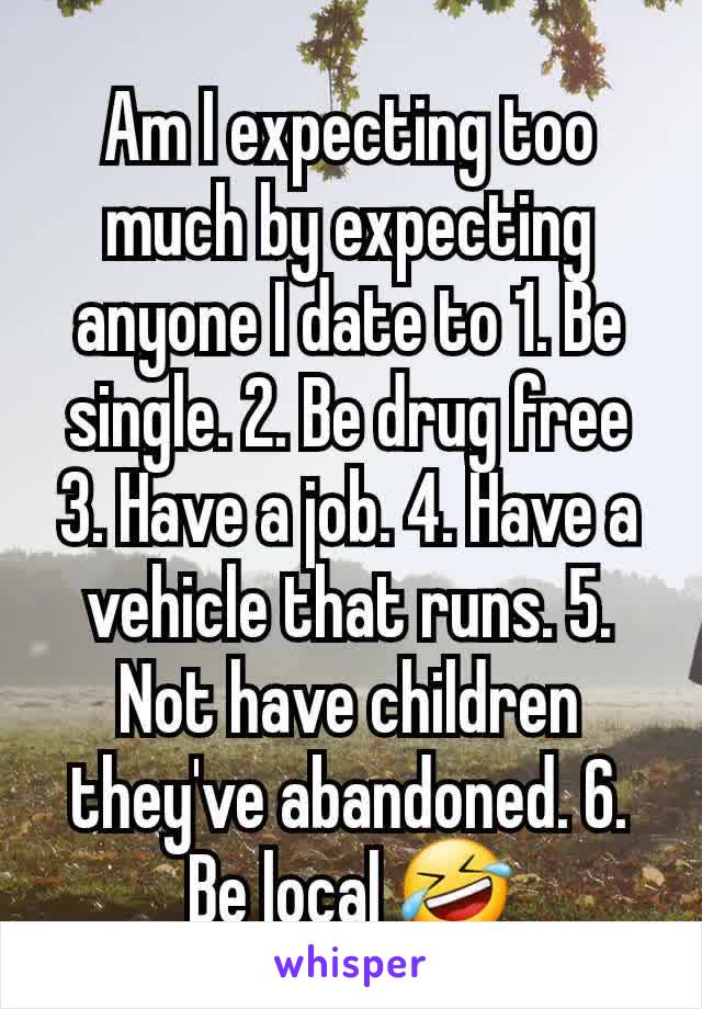 Am I expecting too much by expecting anyone I date to 1. Be single. 2. Be drug free 3. Have a job. 4. Have a vehicle that runs. 5. Not have children they've abandoned. 6. Be local 🤣