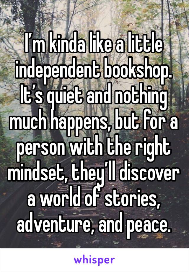 I’m kinda like a little independent bookshop. It’s quiet and nothing much happens, but for a person with the right mindset, they’ll discover a world of stories, adventure, and peace. 