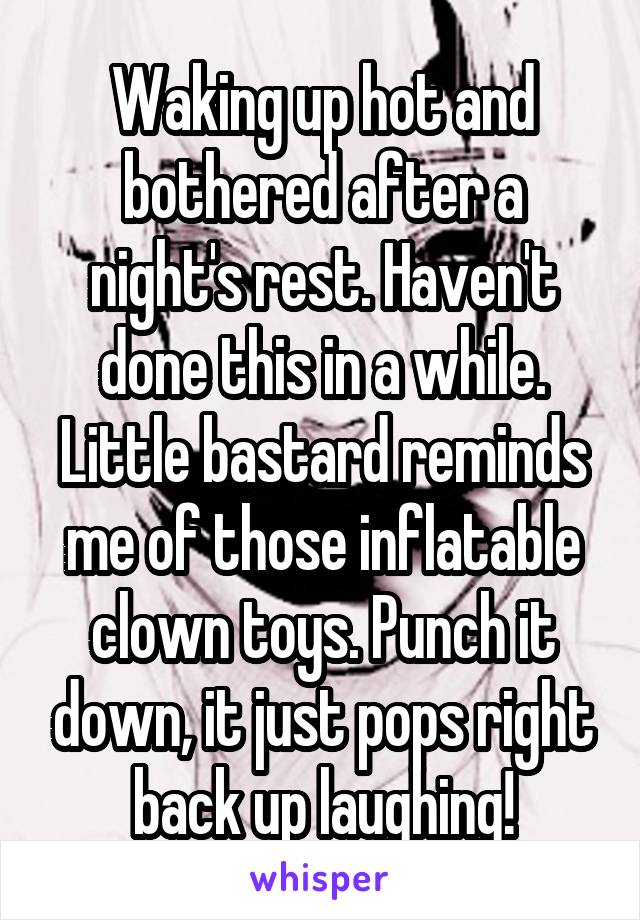 Waking up hot and bothered after a night's rest. Haven't done this in a while. Little bastard reminds me of those inflatable clown toys. Punch it down, it just pops right back up laughing!