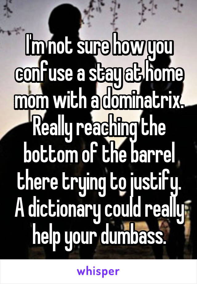 I'm not sure how you confuse a stay at home mom with a dominatrix. Really reaching the bottom of the barrel there trying to justify. A dictionary could really help your dumbass.