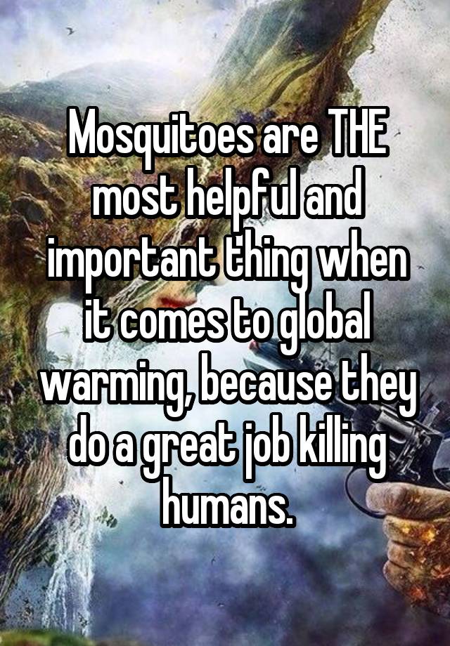 Mosquitoes are THE most helpful and important thing when it comes to global warming, because they do a great job killing humans.