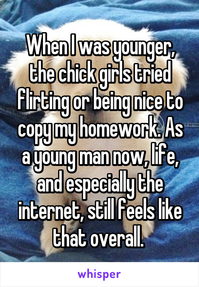 When I was younger, the chick girls tried flirting or being nice to copy my homework. As a young man now, life, and especially the internet, still feels like that overall. 