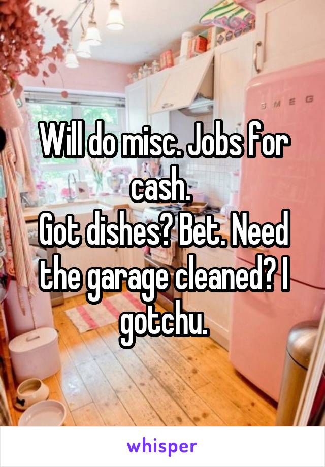 Will do misc. Jobs for cash. 
Got dishes? Bet. Need the garage cleaned? I gotchu.