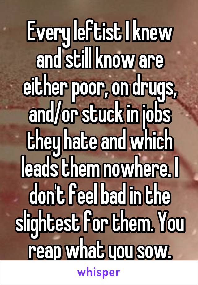 Every leftist I knew and still know are either poor, on drugs, and/or stuck in jobs they hate and which leads them nowhere. I don't feel bad in the slightest for them. You reap what you sow.