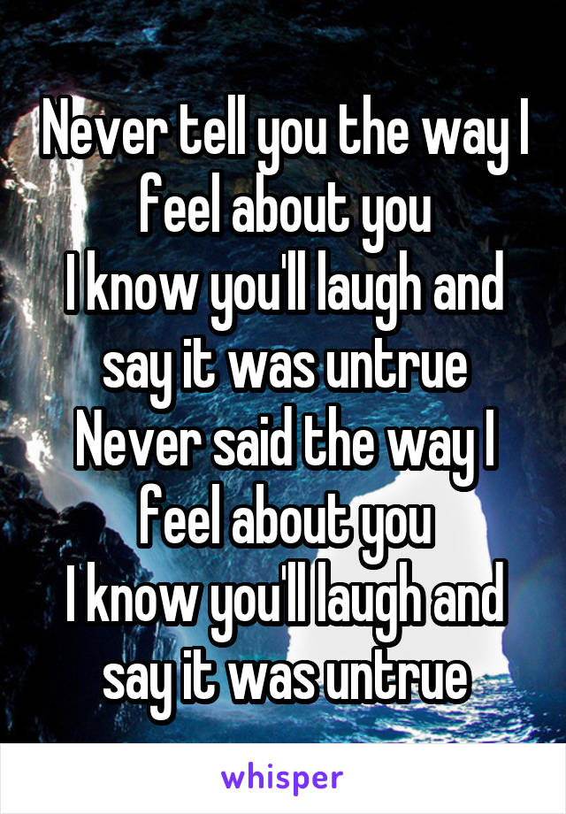 Never tell you the way I feel about you
I know you'll laugh and say it was untrue
Never said the way I feel about you
I know you'll laugh and say it was untrue